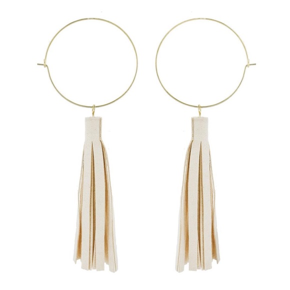 Jewelry - 3/$30🖤 Ivory Faux Leather Tassle Hoop Earrings